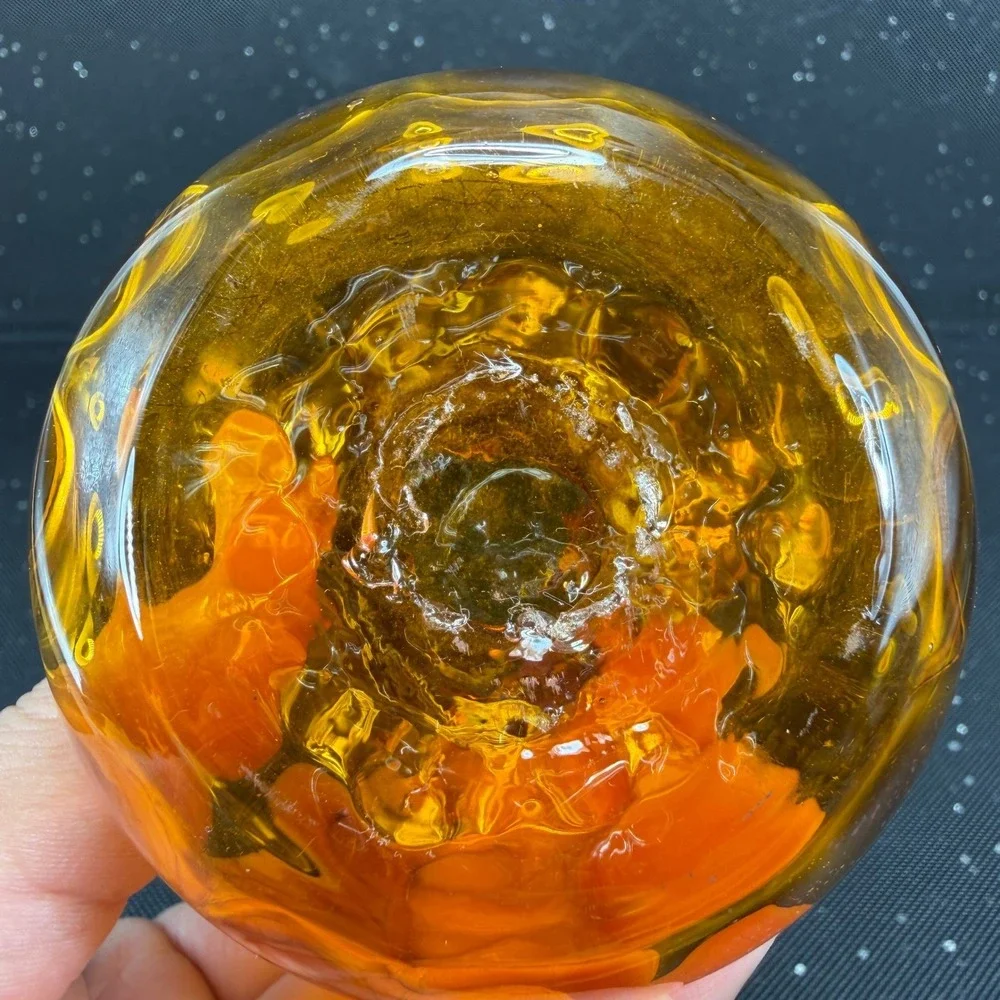 Amber Mid Century Hand Blown Glass Ruffled Bud Vase with Clear Rigaree 3inch